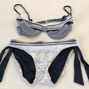 Blue and white lace bikini
